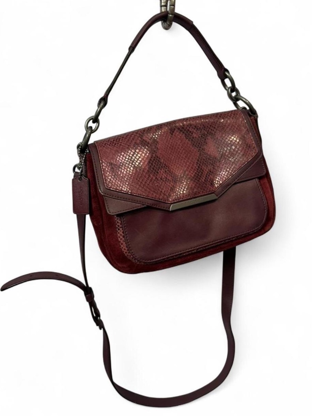 Coach Taylor Suede Burgundy Python Embossed Leather Crossbody / Shoulder Bag